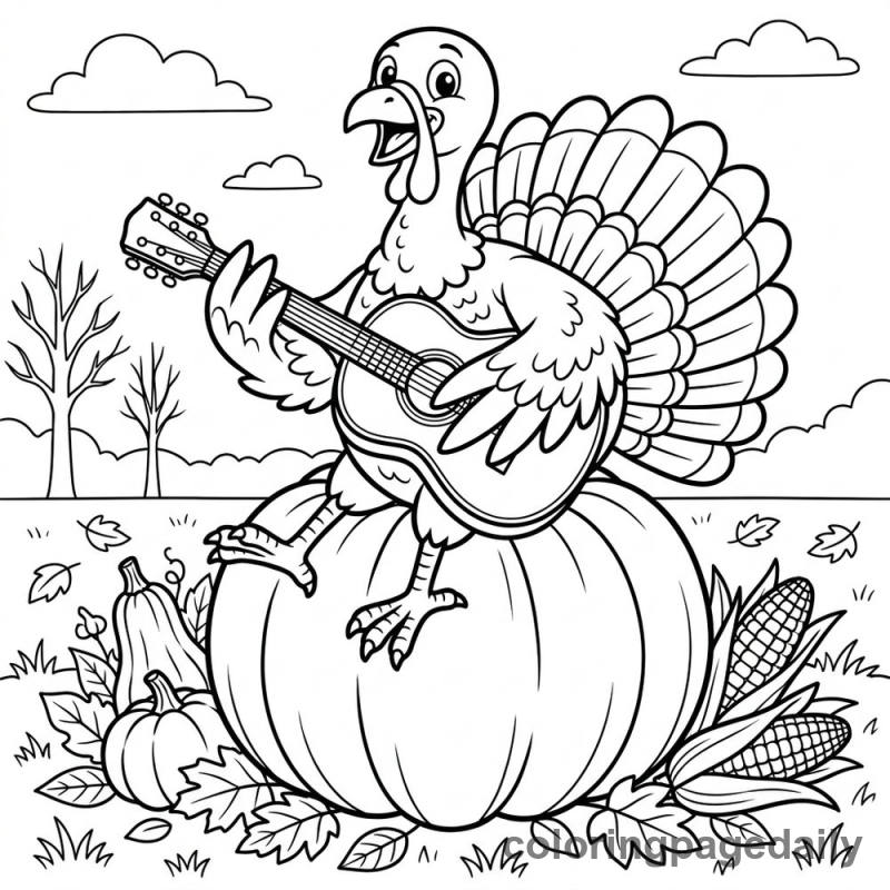 Turkey Strums a Tune - Daily printable coloring page in Thanksgiving category