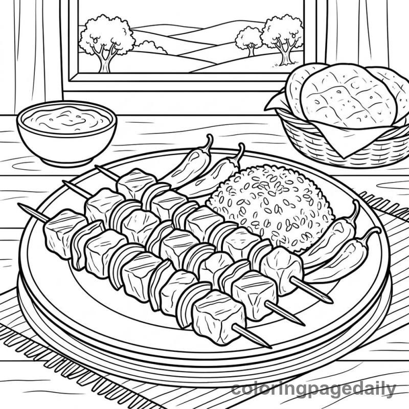 Turkish Shish Kebabs - Daily printable coloring page in Food category