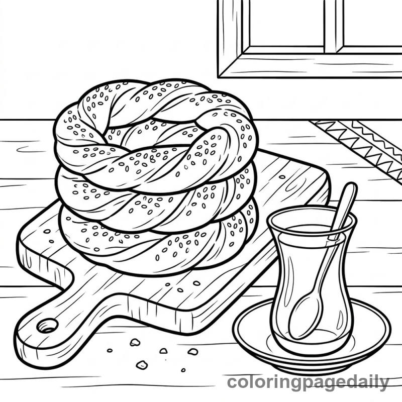 Turkish Simit Bread Rings - Daily printable coloring page in Food category