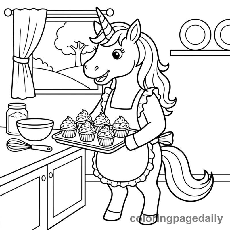 Unicorn Baking Cupcakes - Daily printable coloring page in Mythical Creature category