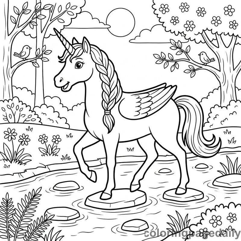 Unicorn Crossing Spring Stream - Daily printable coloring page in Mythical Creature category