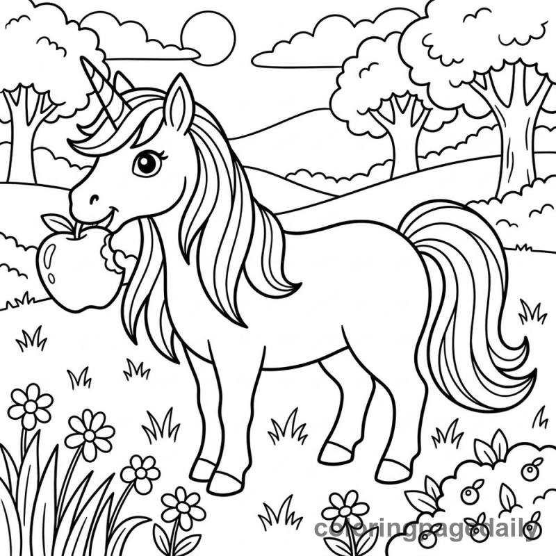 Unicorn Eating Apple - Daily printable coloring page in Mythical Creature category
