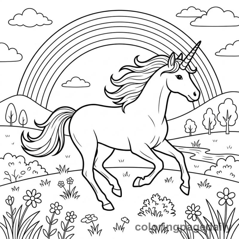 Unicorn Galloping Rainbow - Daily printable coloring page in Mythical Creature category