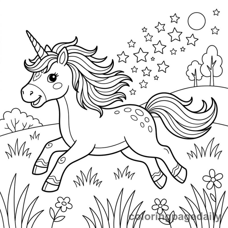 Unicorn's Starry Gallop - Daily printable coloring page in Mythical Creature category