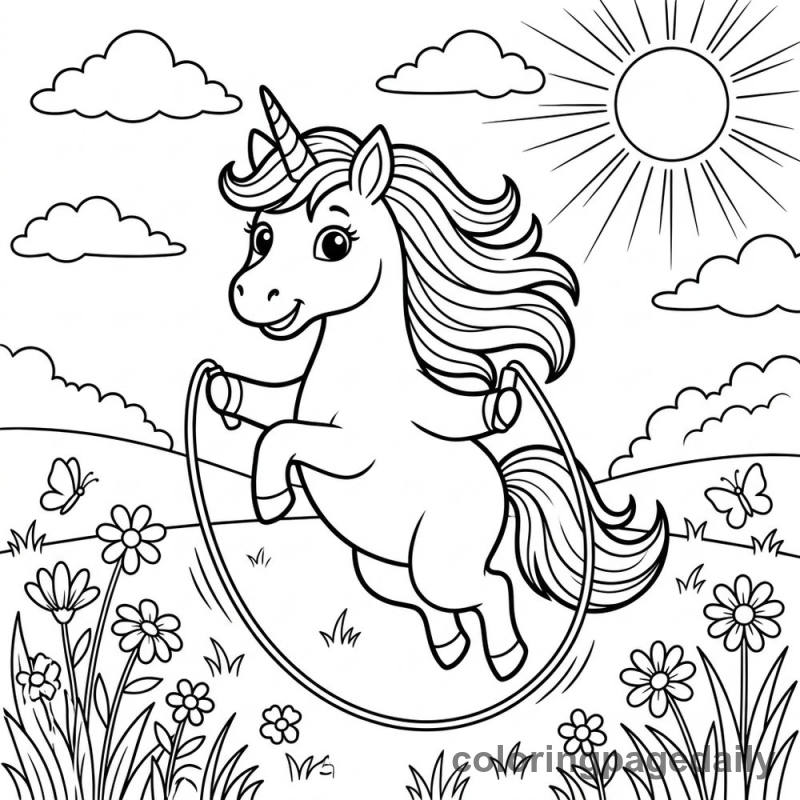 Unicorn Jumping Rope - Daily printable coloring page in Mythical Creature category