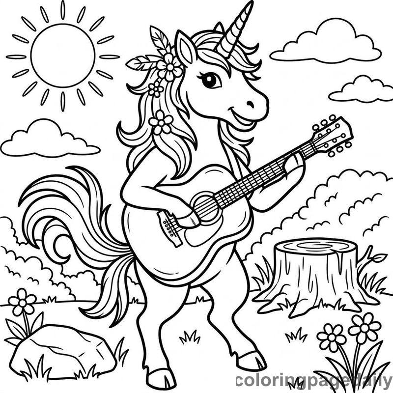 Unicorn Playing Guitar - Daily printable coloring page in Mythical Creature category