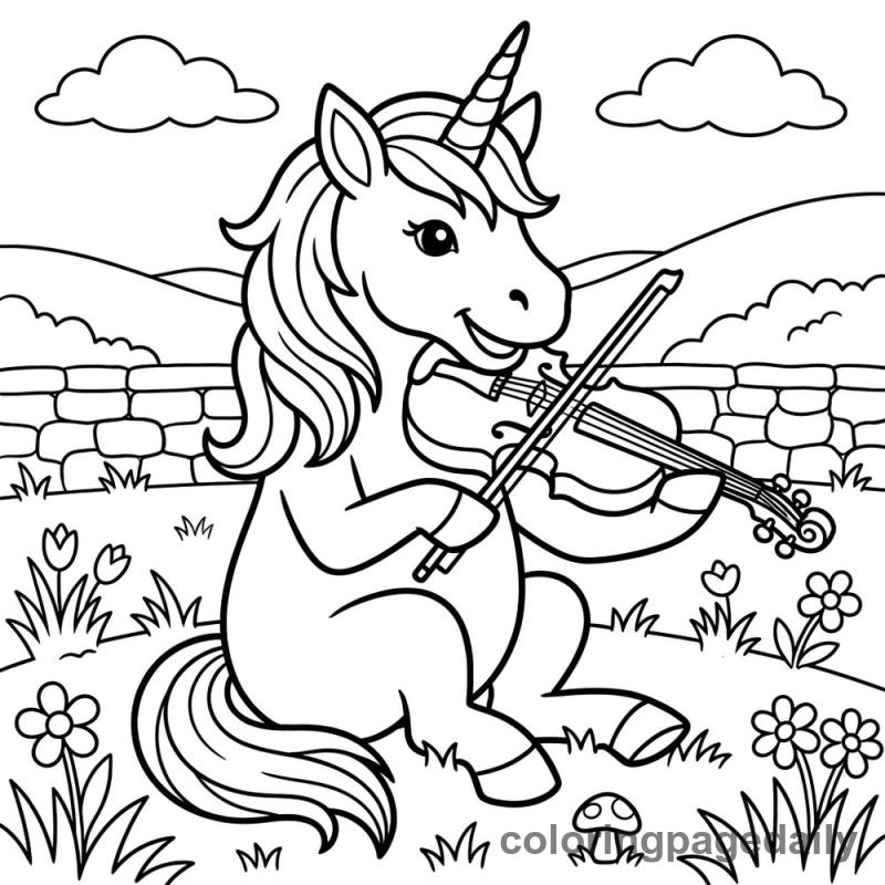 Unicorn Playing Violin - Daily printable coloring page in Mythical Creature category