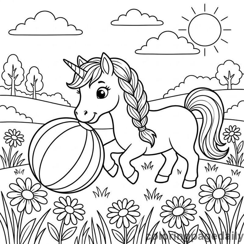 Unicorn Playing With Ball - Daily printable coloring page in Mythical Creature category