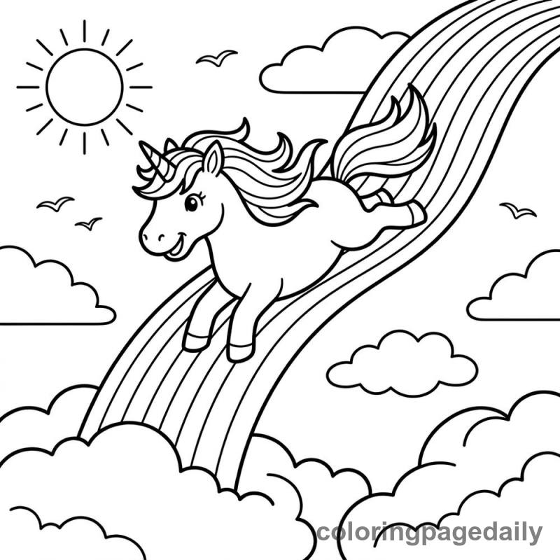 Unicorn Rainbow Slide - Daily printable coloring page in Mythical Creature category
