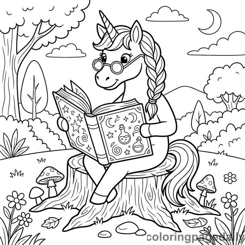 Unicorn Reading Magical Spellbook - Daily printable coloring page in Mythical Creature category