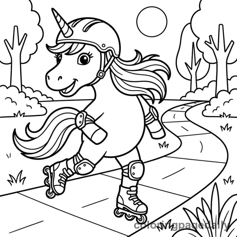 Unicorn Roller Skating - Daily printable coloring page in Mythical Creature category