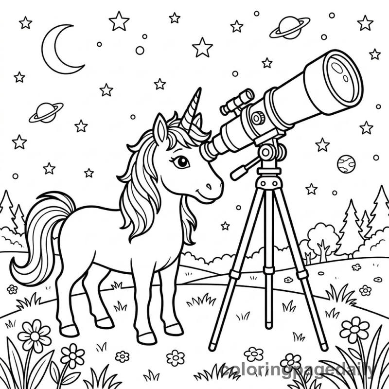 Unicorn Stargazing - Daily printable coloring page in Mythical Creature category