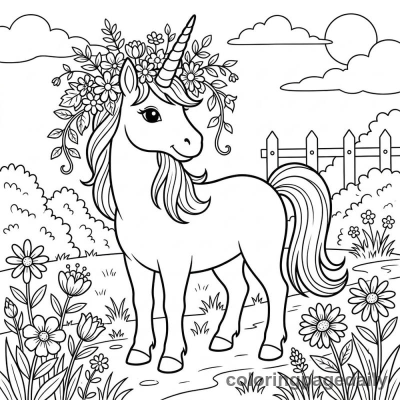 Unicorn Weaving a Flower Crown - Daily printable coloring page in Mythical Creature category