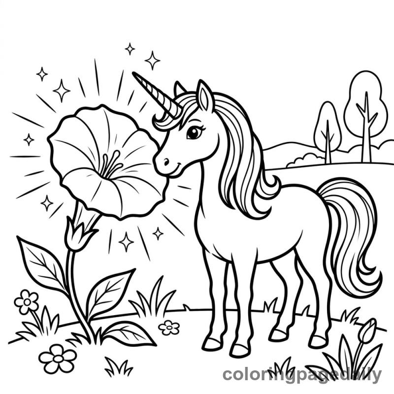 Unicorn's Magical Glowing Flower - Daily printable coloring page in Mythical Creature category