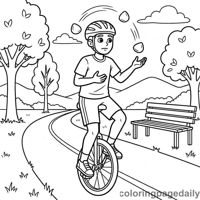 Unicyclist Juggling Beanbags - Daily printable coloring page in Sports category