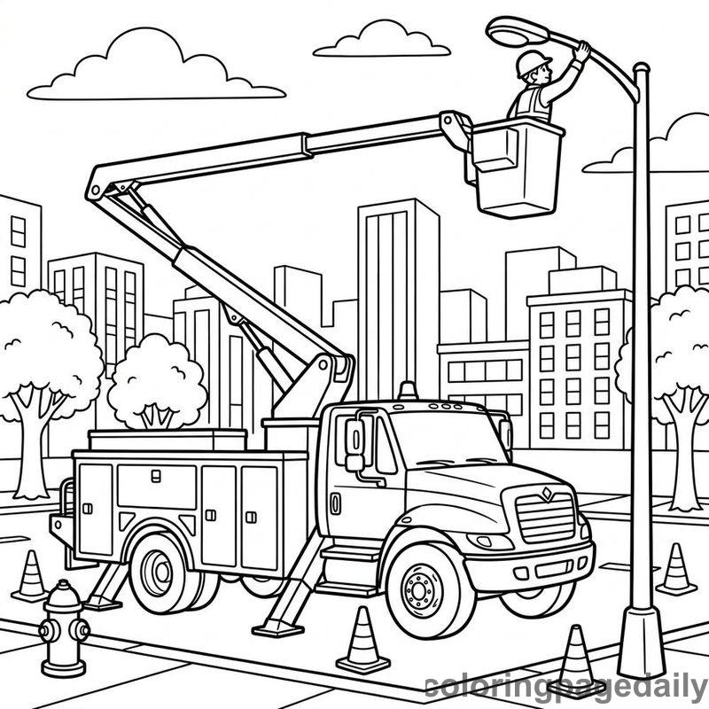 Utility Bucket Truck Reaching High - Daily printable coloring page in Vehicle category