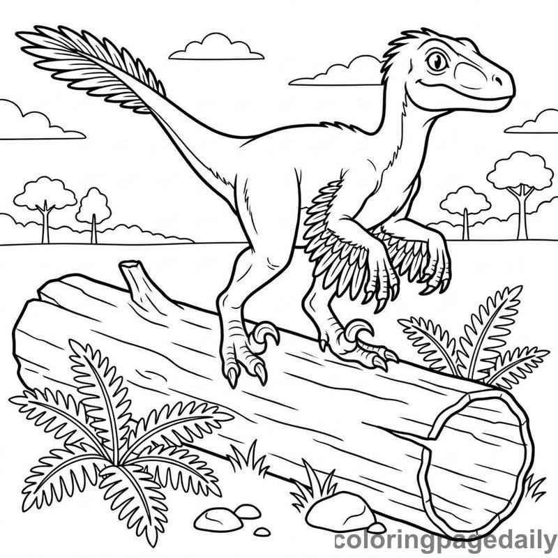 Velociraptor Balancing On Log - Daily printable coloring page in Dinosaur category