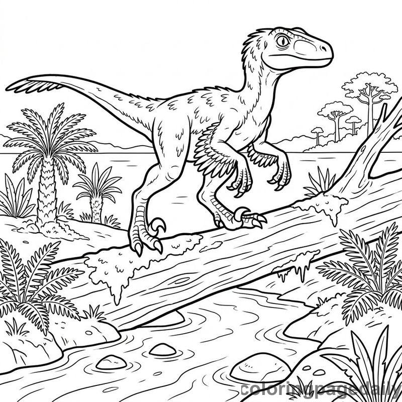 Velociraptor Balancing On Trunk - Daily printable coloring page in Dinosaur category