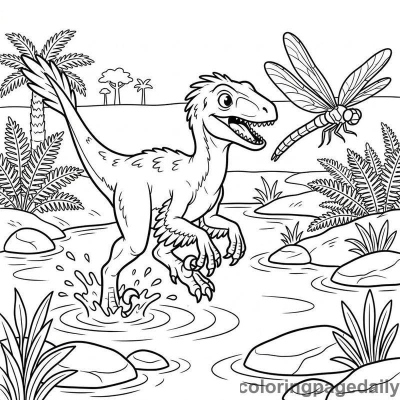Velociraptor Chasing A Dragonfly - Daily printable coloring page in Dinosaur category