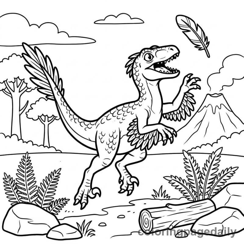 Velociraptor Chasing Feather - Daily printable coloring page in Dinosaur category