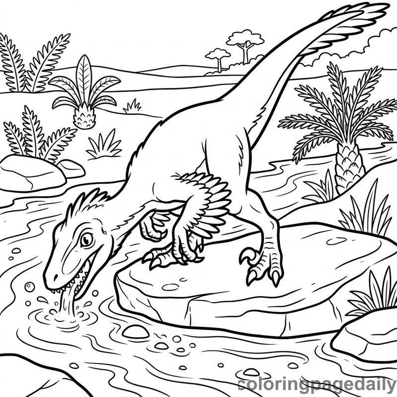 Velociraptor Drinking From Stream - Daily printable coloring page in Dinosaur category