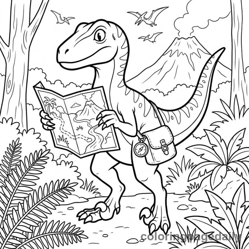 Velociraptor Reading Map - Daily printable coloring page in Dinosaur category