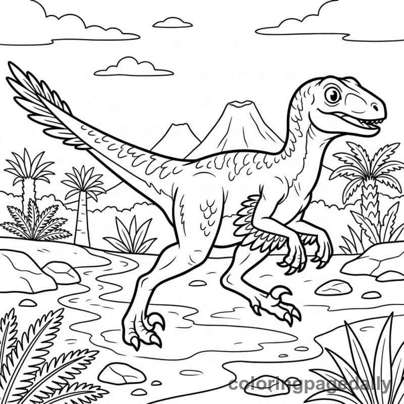 Velociraptor Running Fast - Daily printable coloring page in Dinosaur category