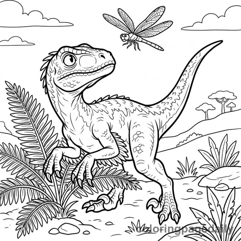 Velociraptor Watching Dragonfly - Daily printable coloring page in Dinosaur category