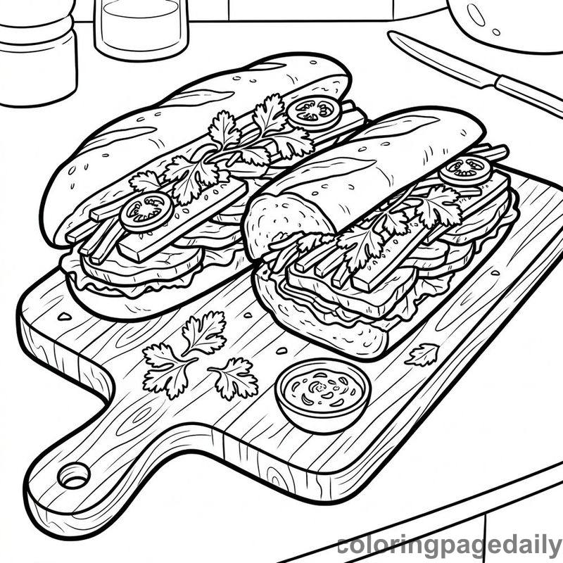 Vietnamese Banh Mi Sandwich - Daily printable coloring page in Food category
