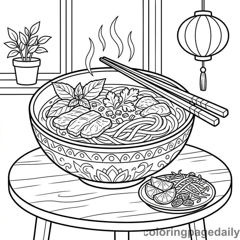 Vietnamese Pho Noodle Soup - Daily printable coloring page in Food category