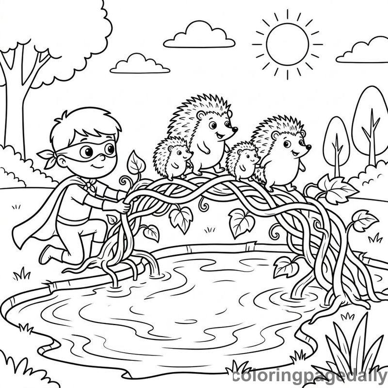 Vine Bridge Over Muddy Puddle - Daily printable coloring page in Superheroes and Action category