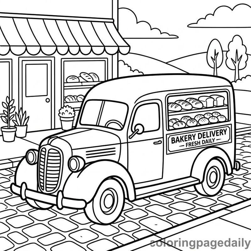 Vintage Bakery Delivery Truck - Daily printable coloring page in Vehicle category