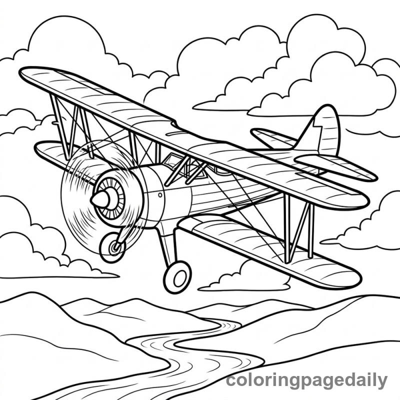 Vintage Biplane Flight - Daily printable coloring page in Vehicle category