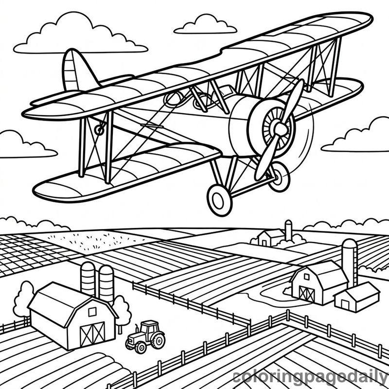 Vintage Biplane Flying Over Farms - Daily printable coloring page in Vehicle category