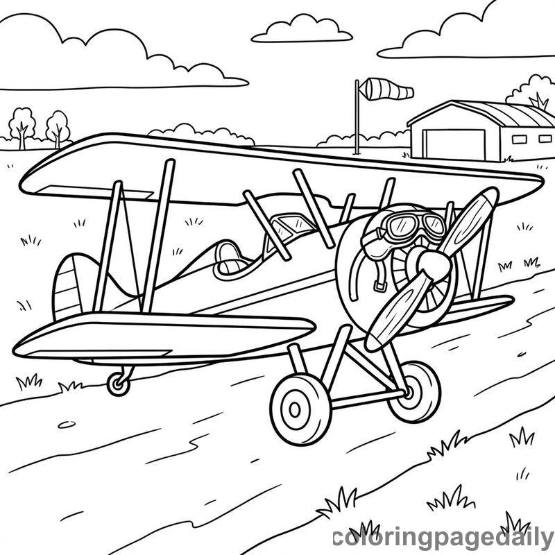 Vintage Biplane On Airfield - Daily printable coloring page in Vehicle category