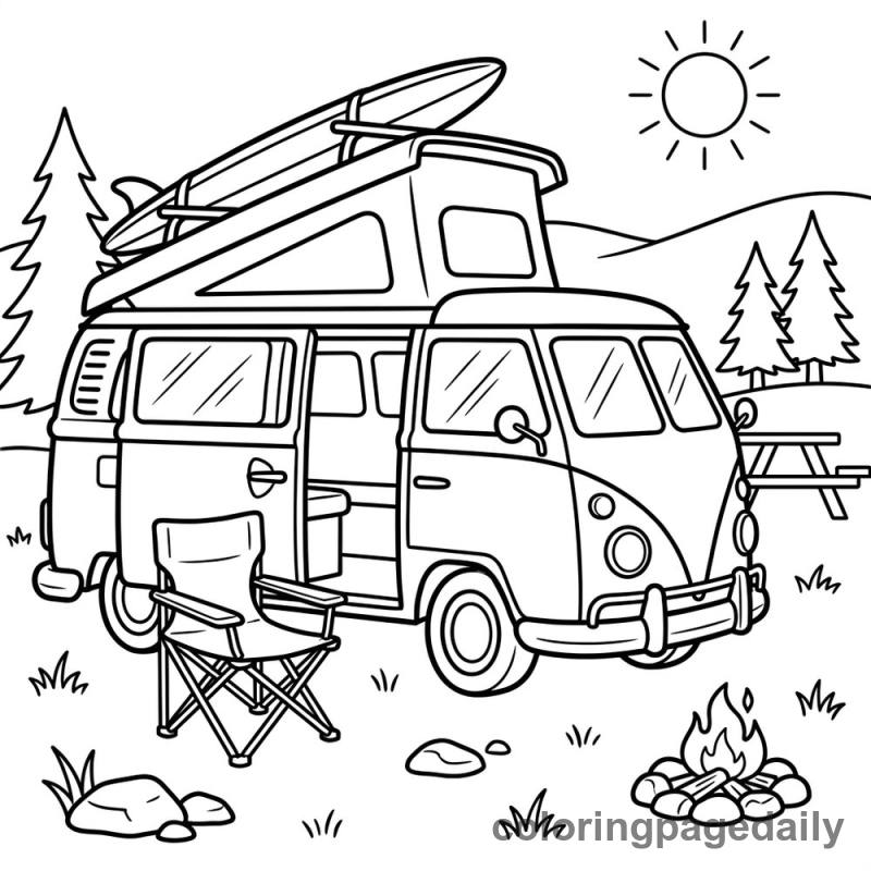 Vintage Camper Van Camping - Daily printable coloring page in Vehicle category