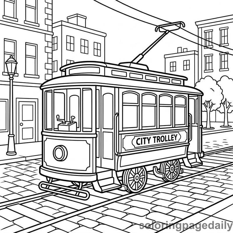 Vintage City Trolley Ride - Daily printable coloring page in Vehicle category