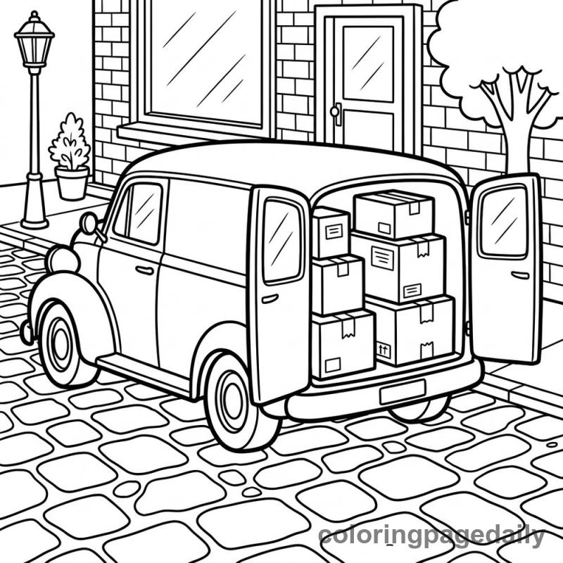 Vintage Delivery Van Loading - Daily printable coloring page in Vehicle category