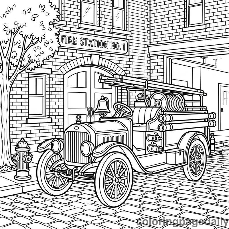 Vintage Fire Engine Parked - Daily printable coloring page in Vehicle category