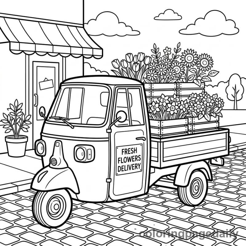 Vintage Flower Delivery Truck - Daily printable coloring page in Vehicle category