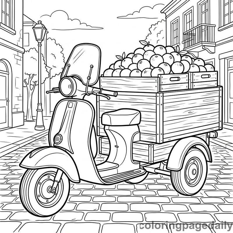 Vintage Fruit Delivery Scooter - Daily printable coloring page in Vehicle category