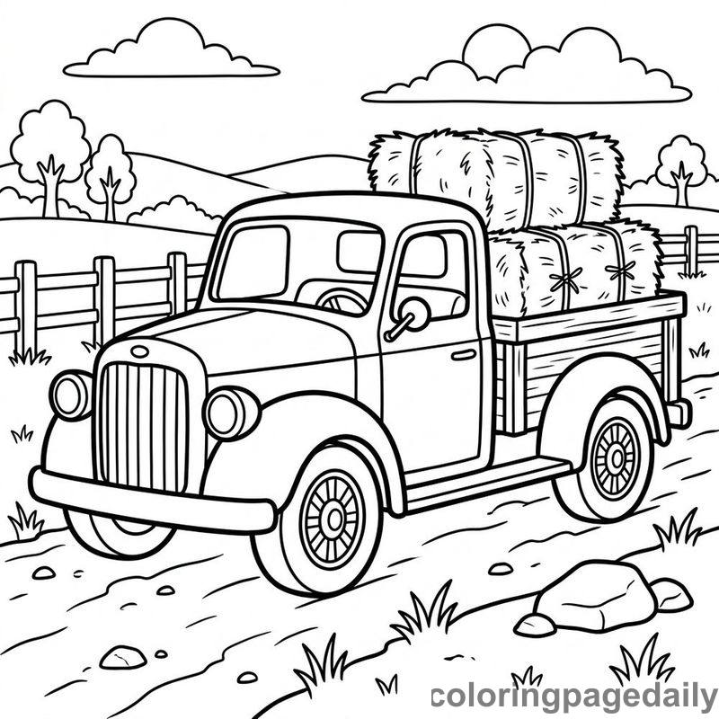 Vintage Pickup Truck Hauling Hay - Daily printable coloring page in Vehicle category