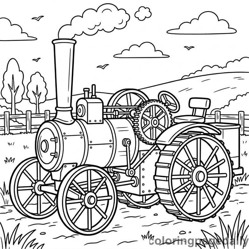 Vintage Steam Farm Tractor - Daily printable coloring page in Vehicle category