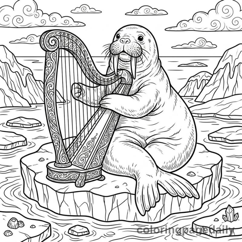 Walrus Playing Harp - Daily printable coloring page in Winter and Snow Season category