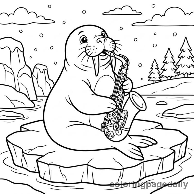 Walrus Playing Saxophone - Daily printable coloring page in Winter and Snow Season category