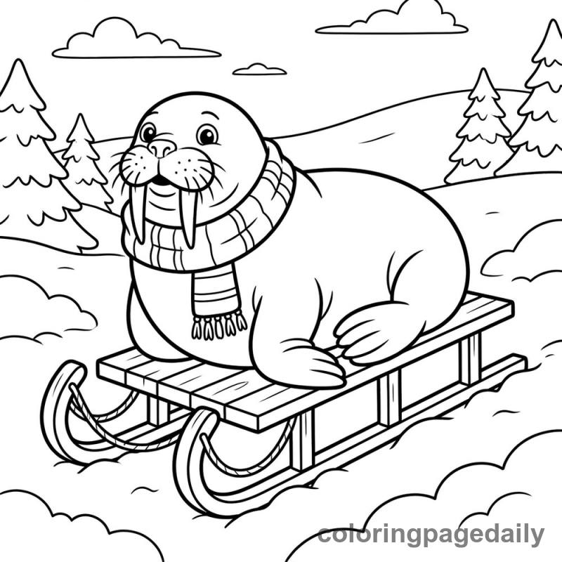 Walrus Resting On Toboggan - Daily printable coloring page in Winter and Snow Season category