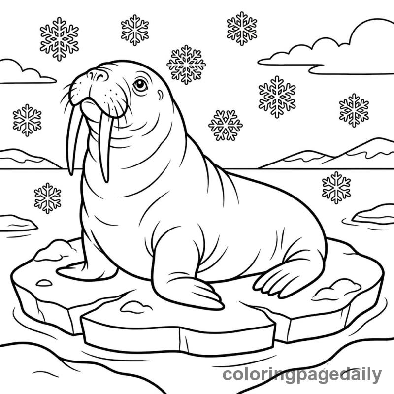 Walrus Watching Winter Snowflakes - Daily printable coloring page in Winter and Snow Season category