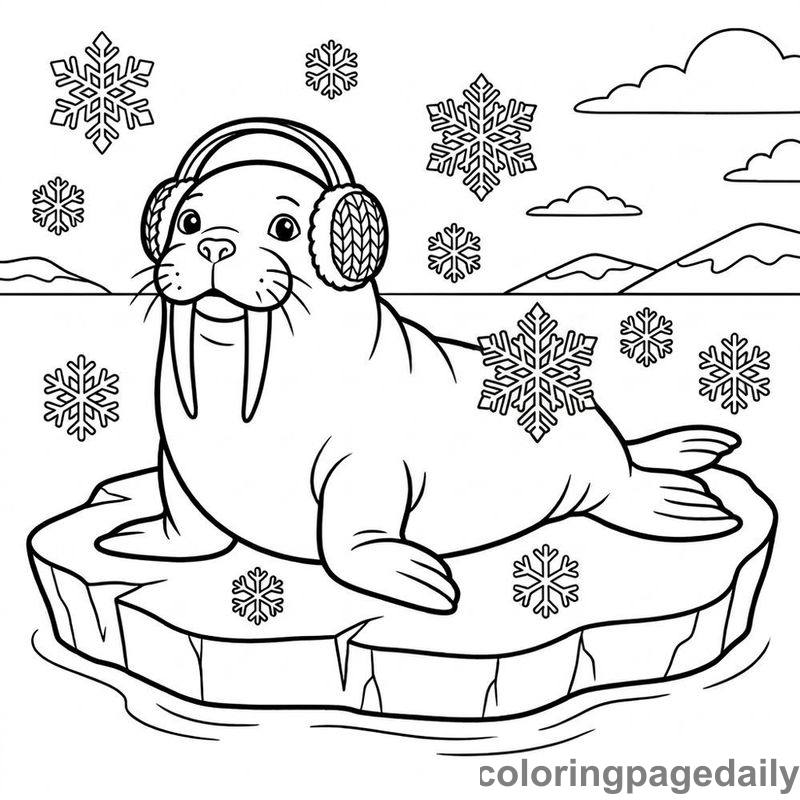 Walrus Wearing Winter Earmuffs - Daily printable coloring page in Winter and Snow Season category