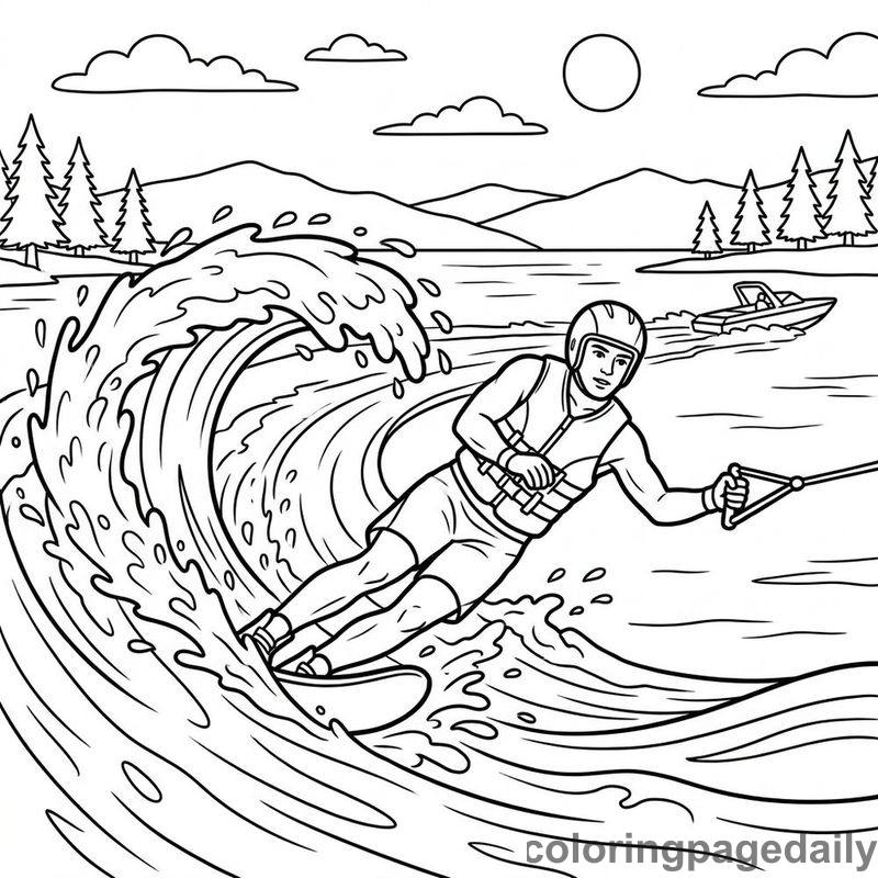 Water Skier Carving Wave - Daily printable coloring page in Sports category