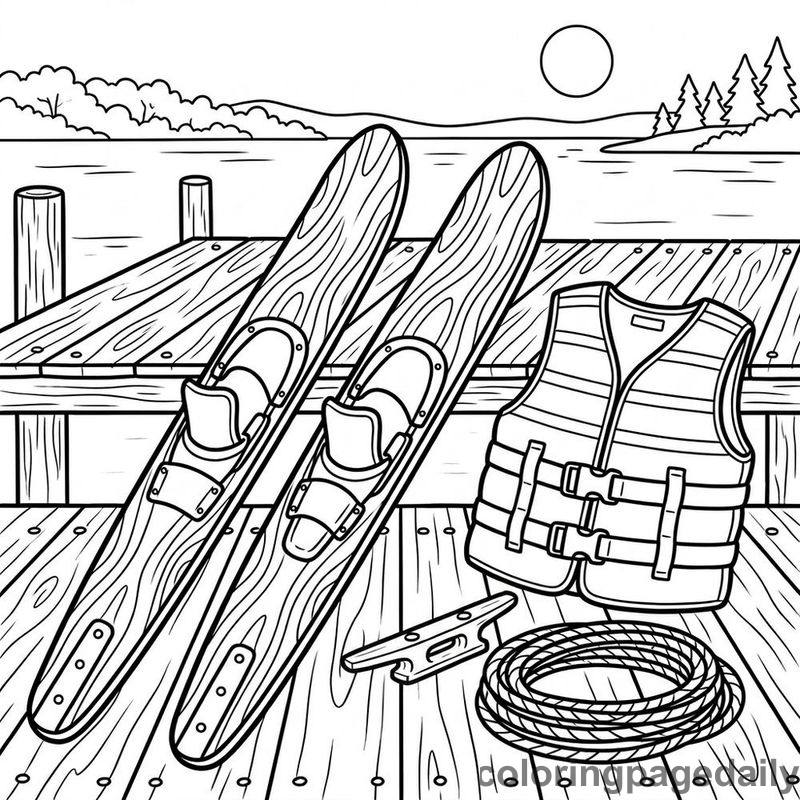 Water Skis On Lake Dock - Daily printable coloring page in Summer Vacation category